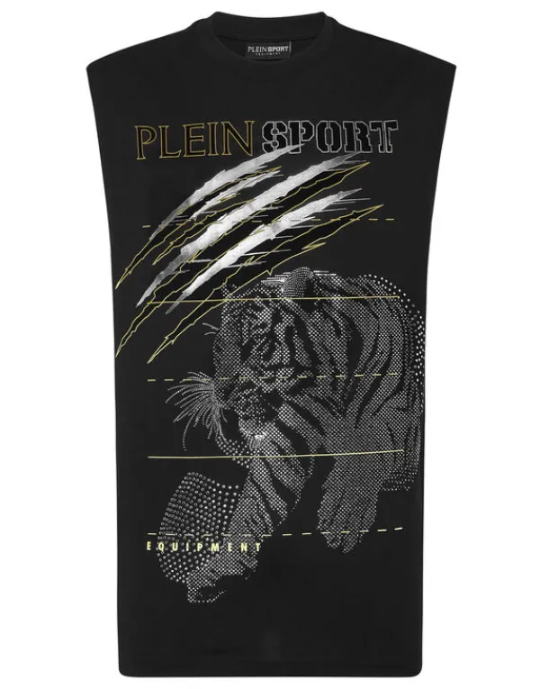 Philipp Plein Cotton Dotted T-shirt Round Neck Sleeveless Lamina Tiger black/silver Sale
