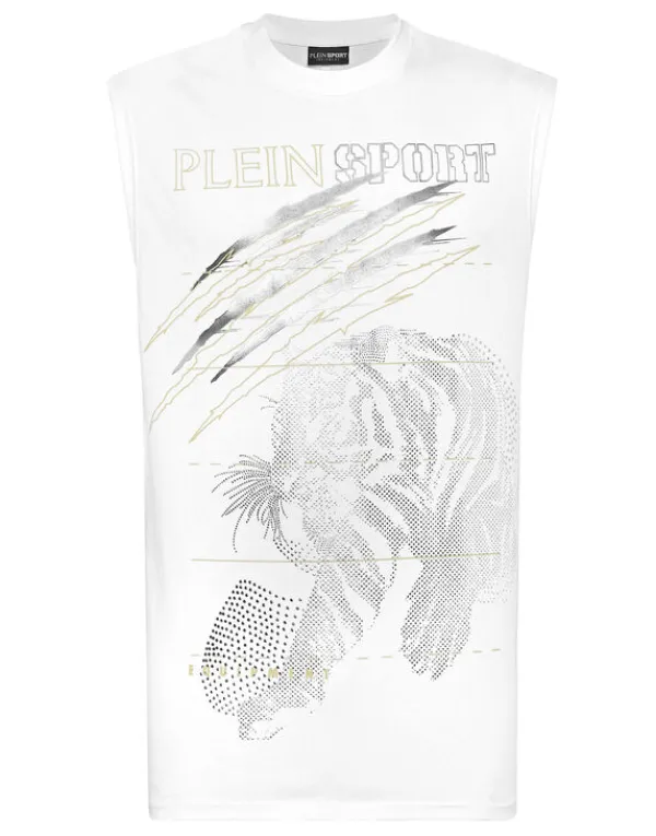 Philipp Plein Cotton Dotted T-shirt Round Neck Sleeveless Lamina Tiger white/lightgold Clearance