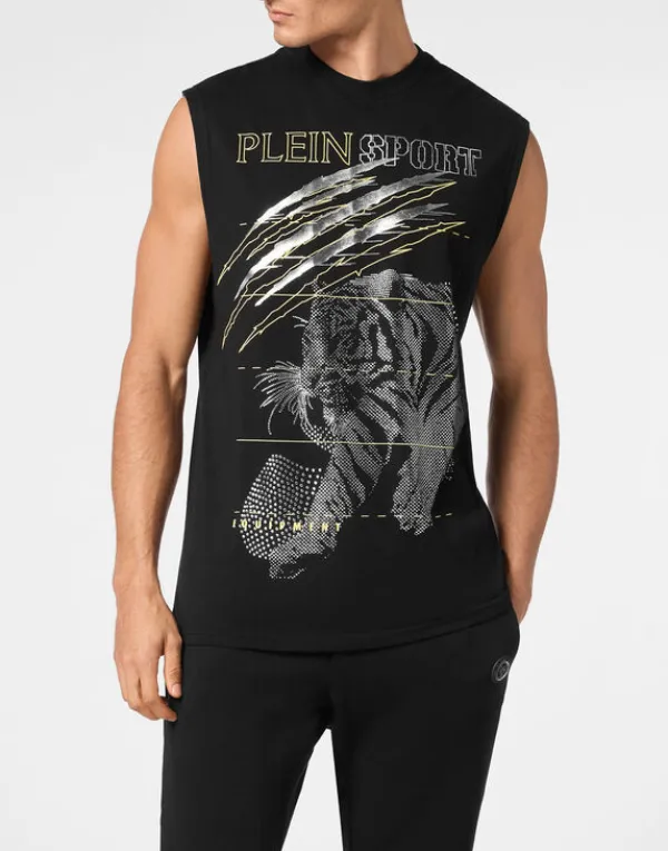 Philipp Plein Cotton Dotted T-shirt Round Neck Sleeveless Lamina Tiger black/silver Sale