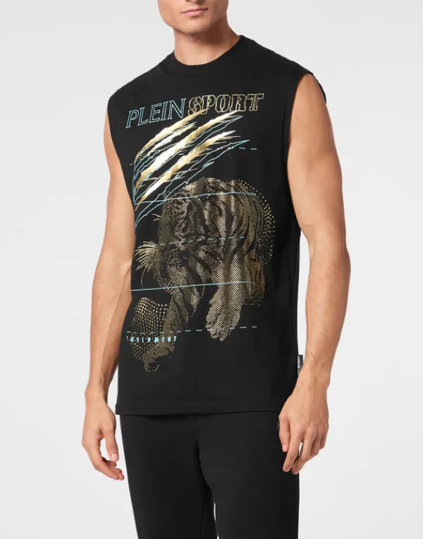Philipp Plein Cotton Dotted T-shirt Round Neck Sleeveless Lamina Tiger black/lightgold Discount