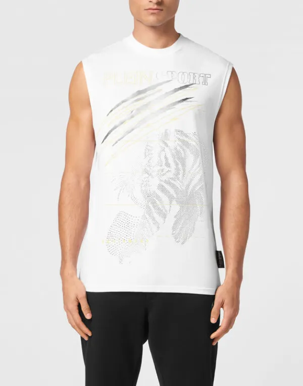 Philipp Plein Cotton Dotted T-shirt Round Neck Sleeveless Lamina Tiger white/lightgold Clearance