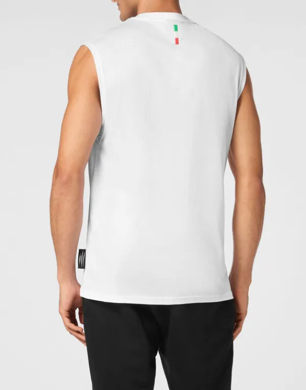 cotton_dotted_tshirt_roun_2.webp Philipp Plein Cotton Dotted T-shirt Round Neck Sleeveless Lamina Tiger white/lightgold Clearance