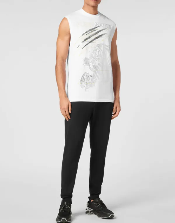 cotton_dotted_tshirt_roun_3.webp Philipp Plein Cotton Dotted T-shirt Round Neck Sleeveless Lamina Tiger white/lightgold Clearance