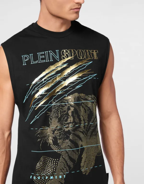 cotton_dotted_tshirt_roun_4-2.webp Philipp Plein Cotton Dotted T-shirt Round Neck Sleeveless Lamina Tiger black/lightgold Discount
