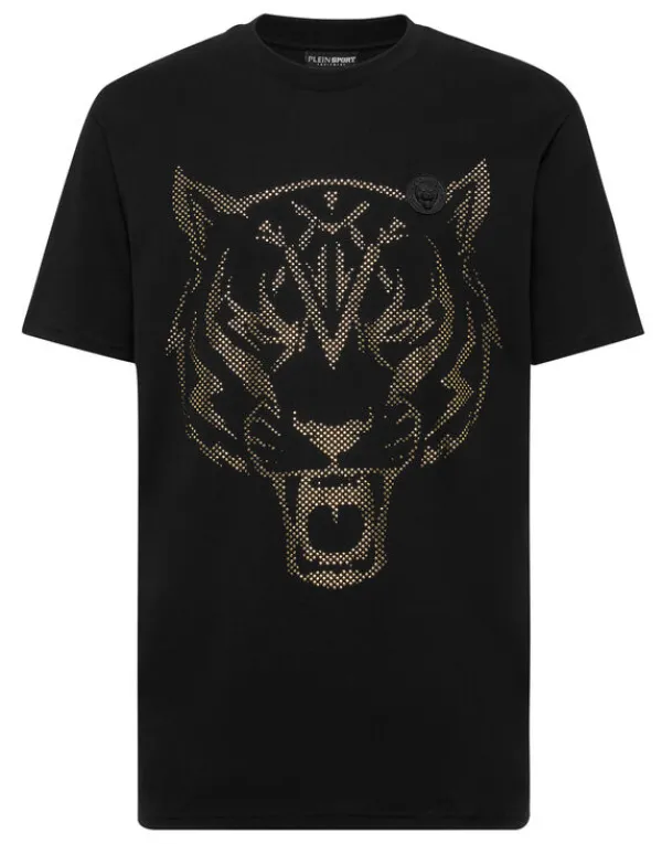 Philipp Plein Cotton T-shirt Round Neck SS  Lamina Tiger black/lightgold Best