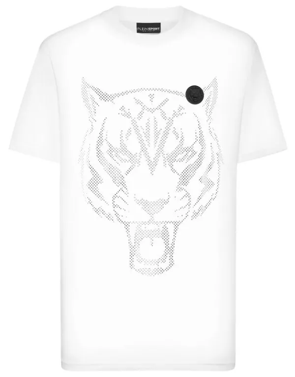 Philipp Plein Cotton T-shirt Round Neck SS  Lamina Tiger white/silver Outlet