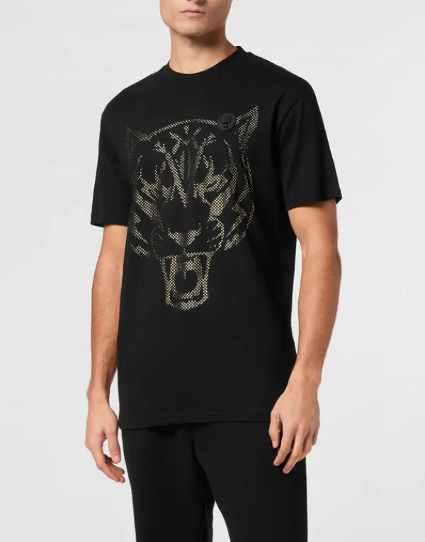 Philipp Plein Cotton T-shirt Round Neck SS  Lamina Tiger black/lightgold Best