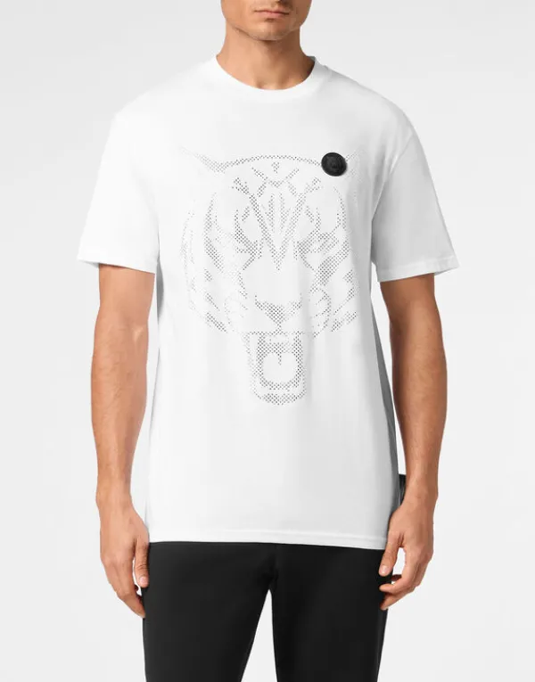 Philipp Plein Cotton T-shirt Round Neck SS  Lamina Tiger white/silver Outlet