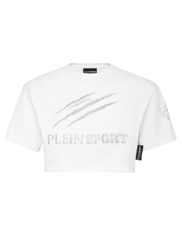 Philipp Plein Cropped T-shirt Round Neck Scratch white Outlet