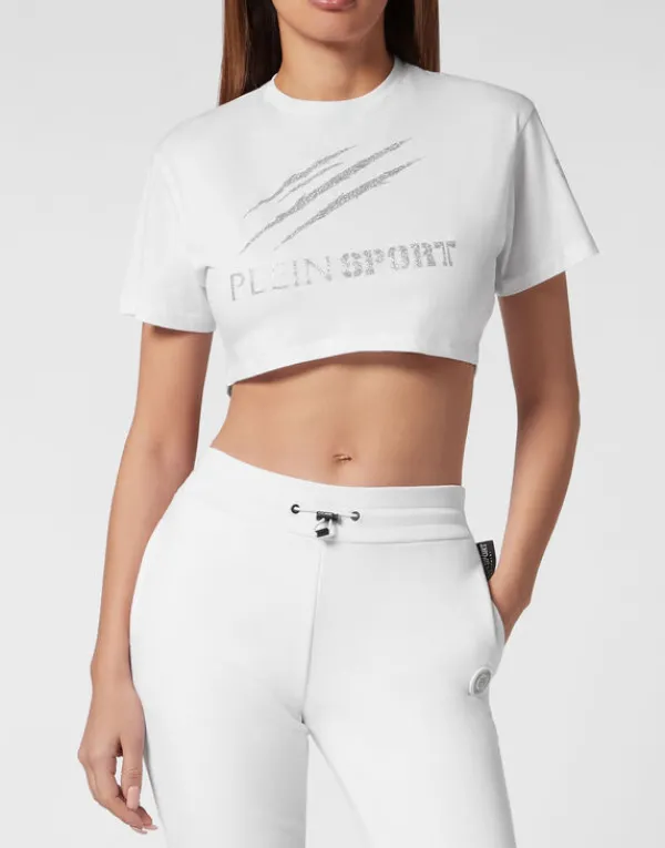 Philipp Plein Cropped T-shirt Round Neck Scratch white Outlet