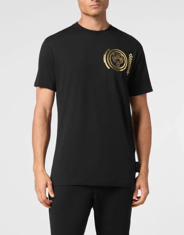 Philipp Plein Plein Sport Cotton T-shirt Round Neck SS Lamina Tiger black/lightgold Outlet