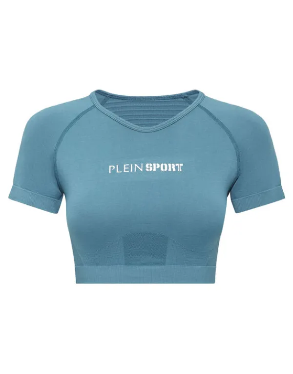 Philipp Plein Seamless Cropped T-shirt V-Neck SS Logo petrol Discount