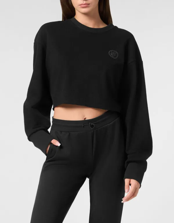 Philipp Plein Sponge Cropped Sweatshirt Round Neck LS black New